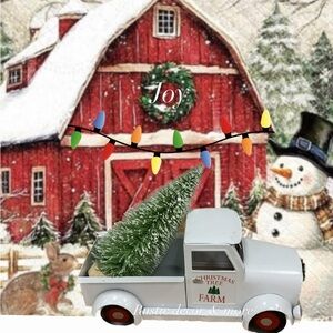 Farmhouse Christmas tree metal farms truck with tree in tow